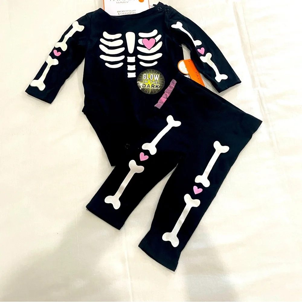 NEW Tahari Baby Girls Glow In The Dark Skeleton Bodysuit Leggings Set Black 6-9M